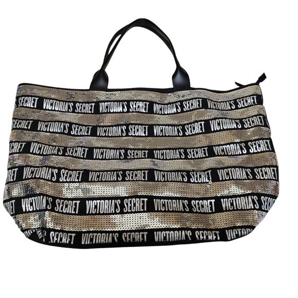 Victoria‎ Secret Black Silver Sequins Canvas Tote Bag 22”x13” - Picture 1 of 7